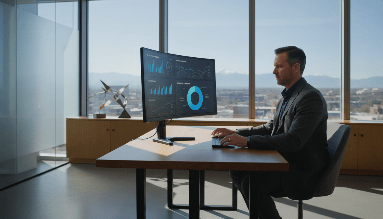 Business professional analyzing acquisition data on computer dashboard