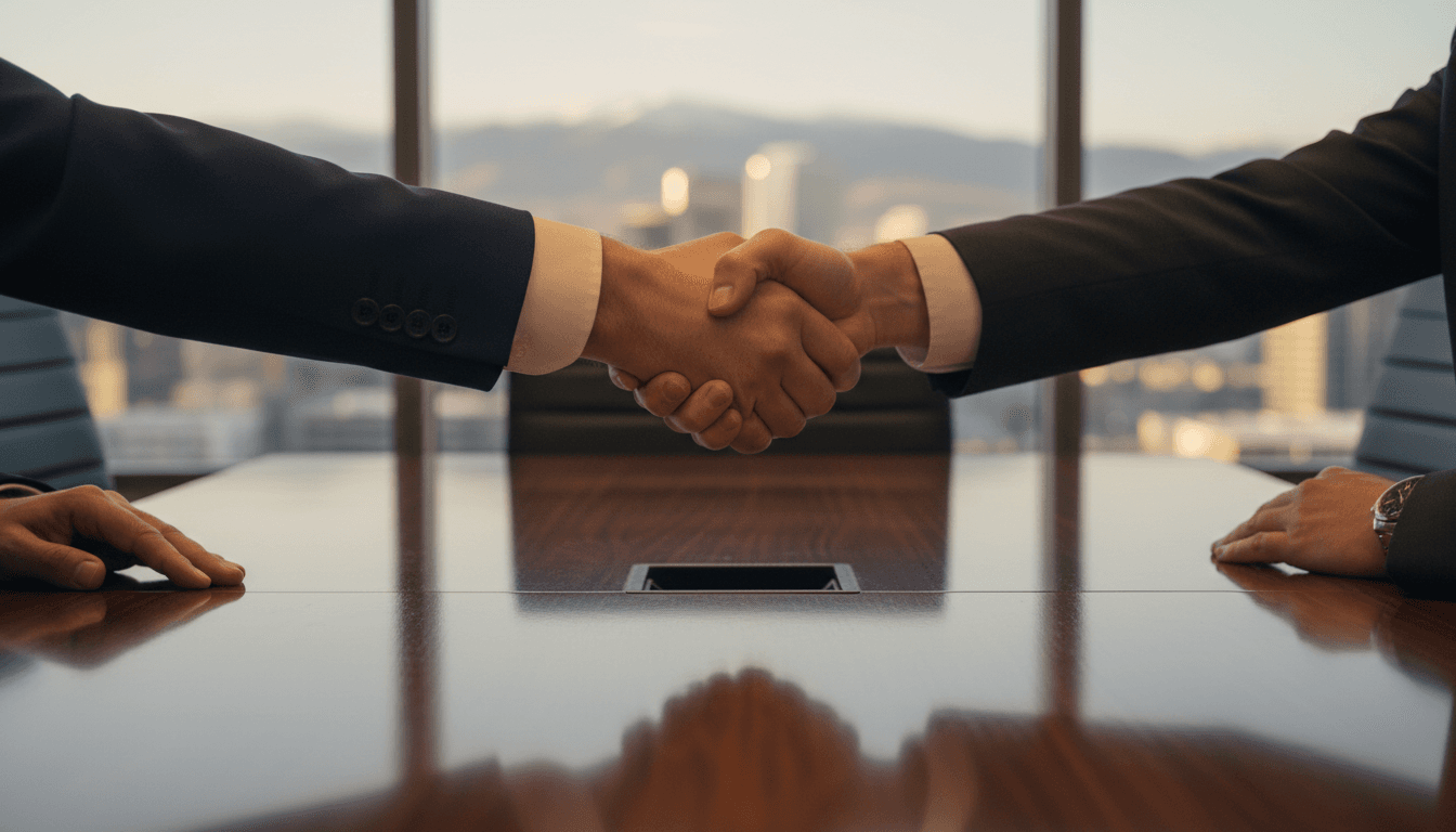 Founder and investor shaking hands to seal business acquisition agreement